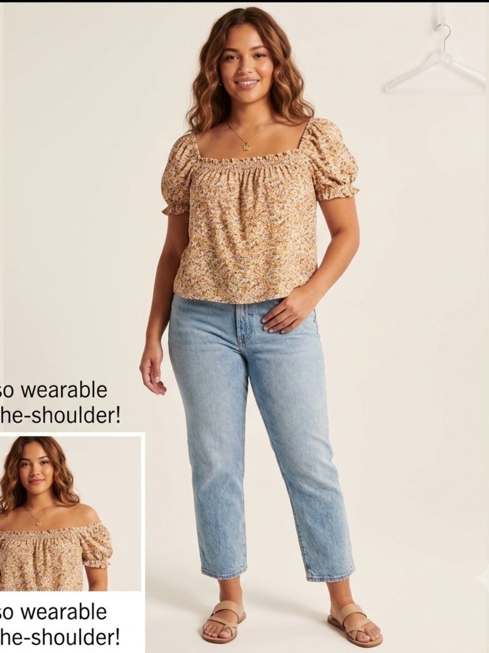 Abercrombie & Fitch Yellow Floral Square-Neck Cropped Puff-Sleeve Top